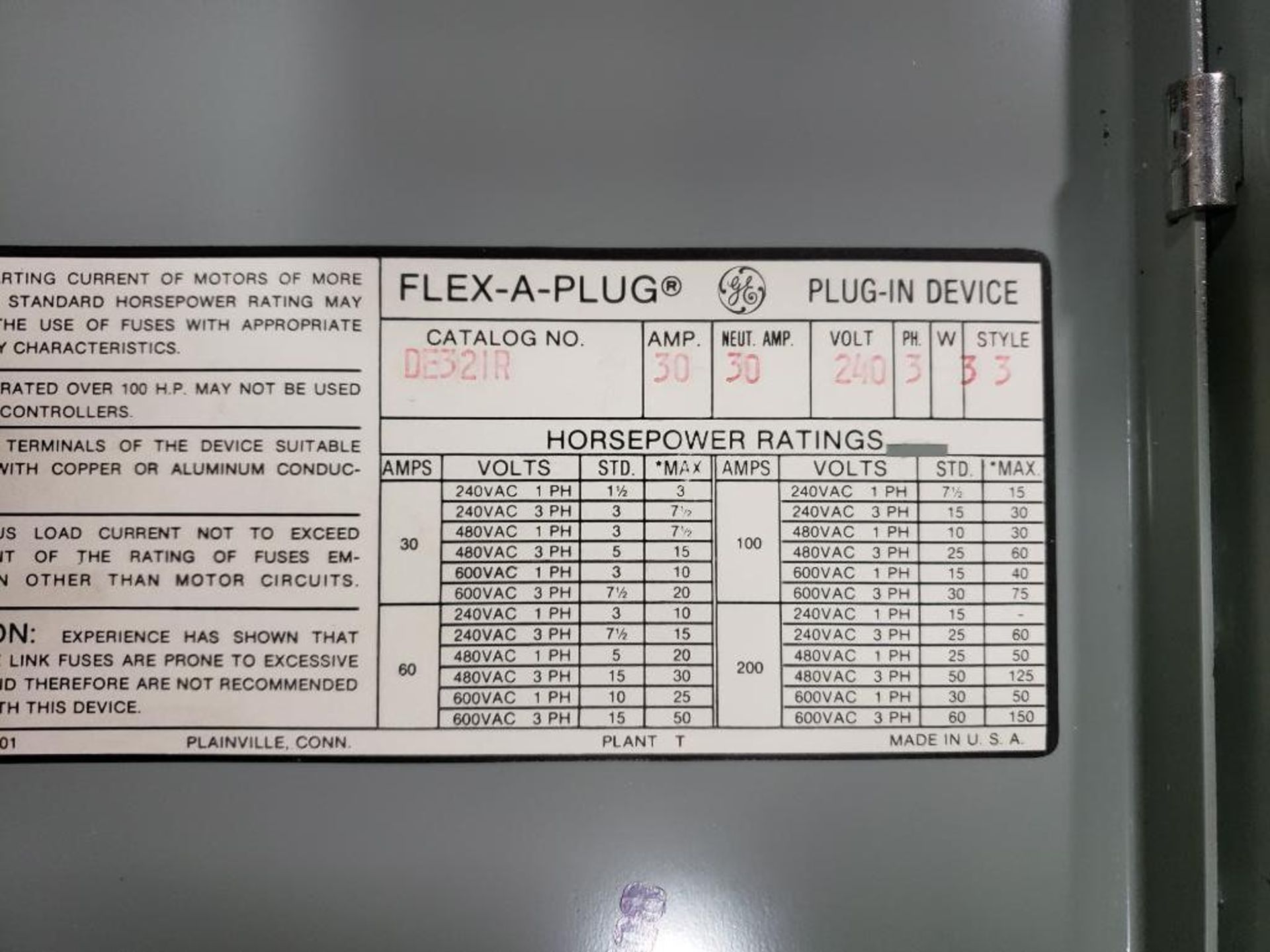GE Flex-A-Plug DE321R 30AMP plug in switch. - Image 10 of 10