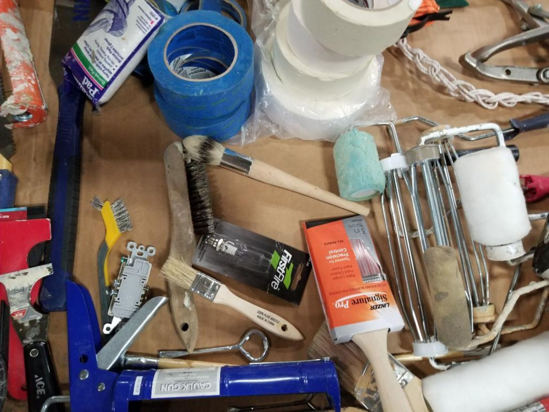 Pallet of assorted tools. Sander, saws, paint equipment, tape rolls. - Image 12 of 24