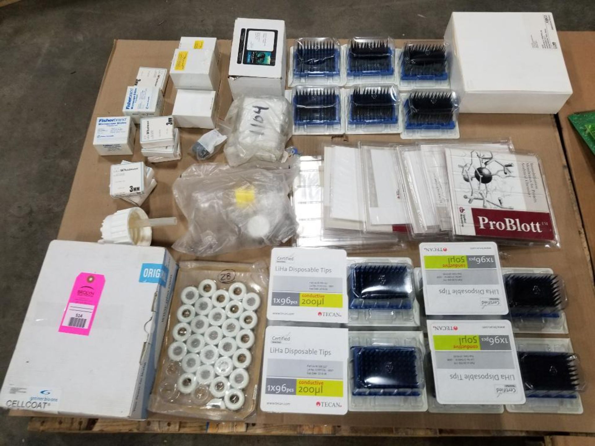 Pallet of assorted lab test equipment consumables.