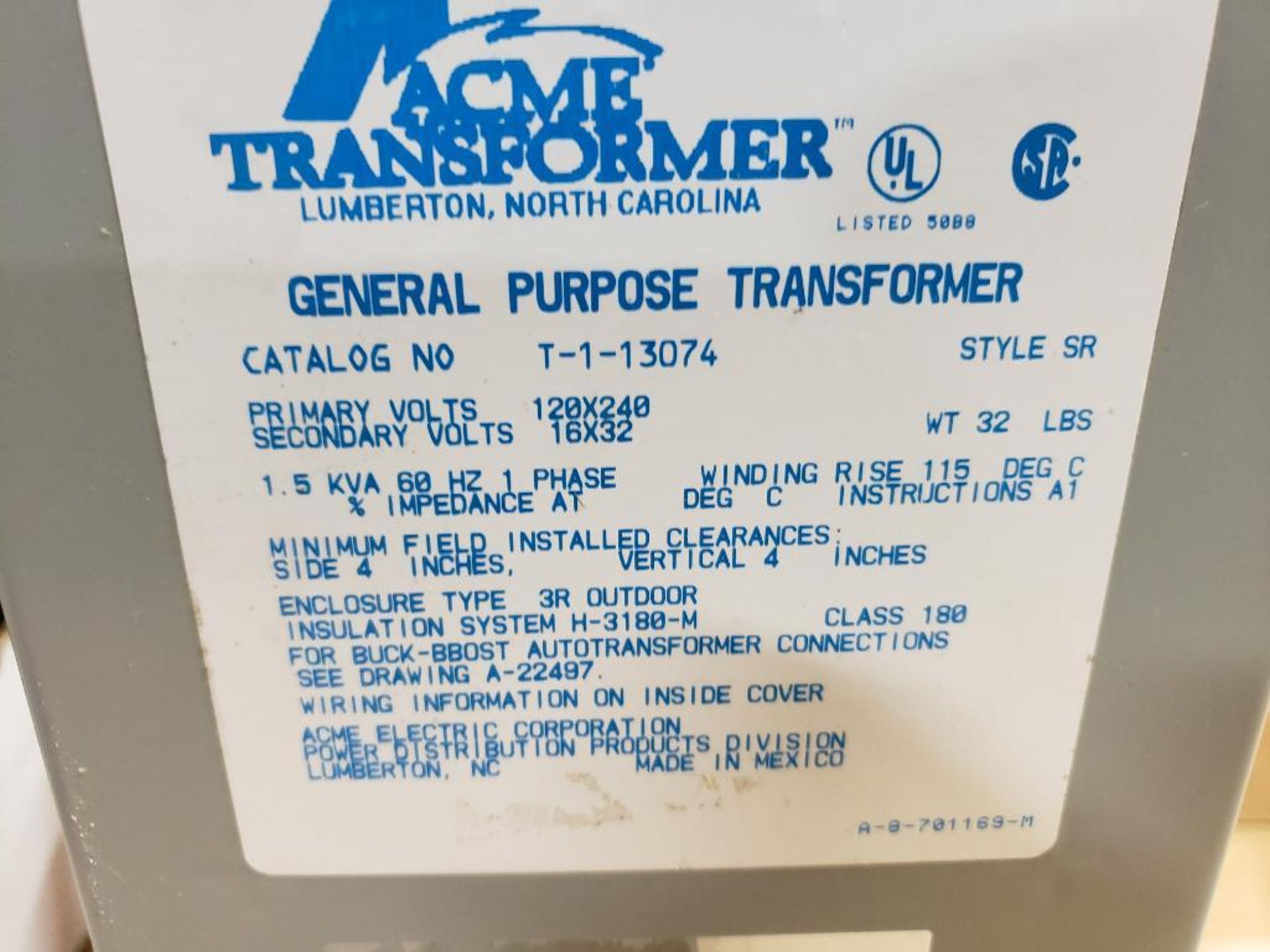 Acme Transformer general purpose transformer T-1-13074. 1.5kVA. - Image 3 of 6