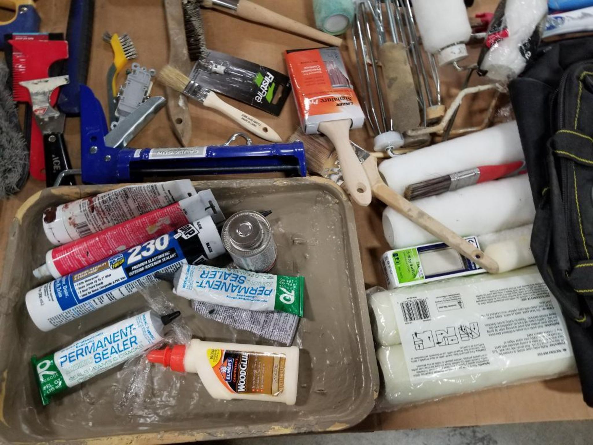 Pallet of assorted tools. Sander, saws, paint equipment, tape rolls. - Image 10 of 24