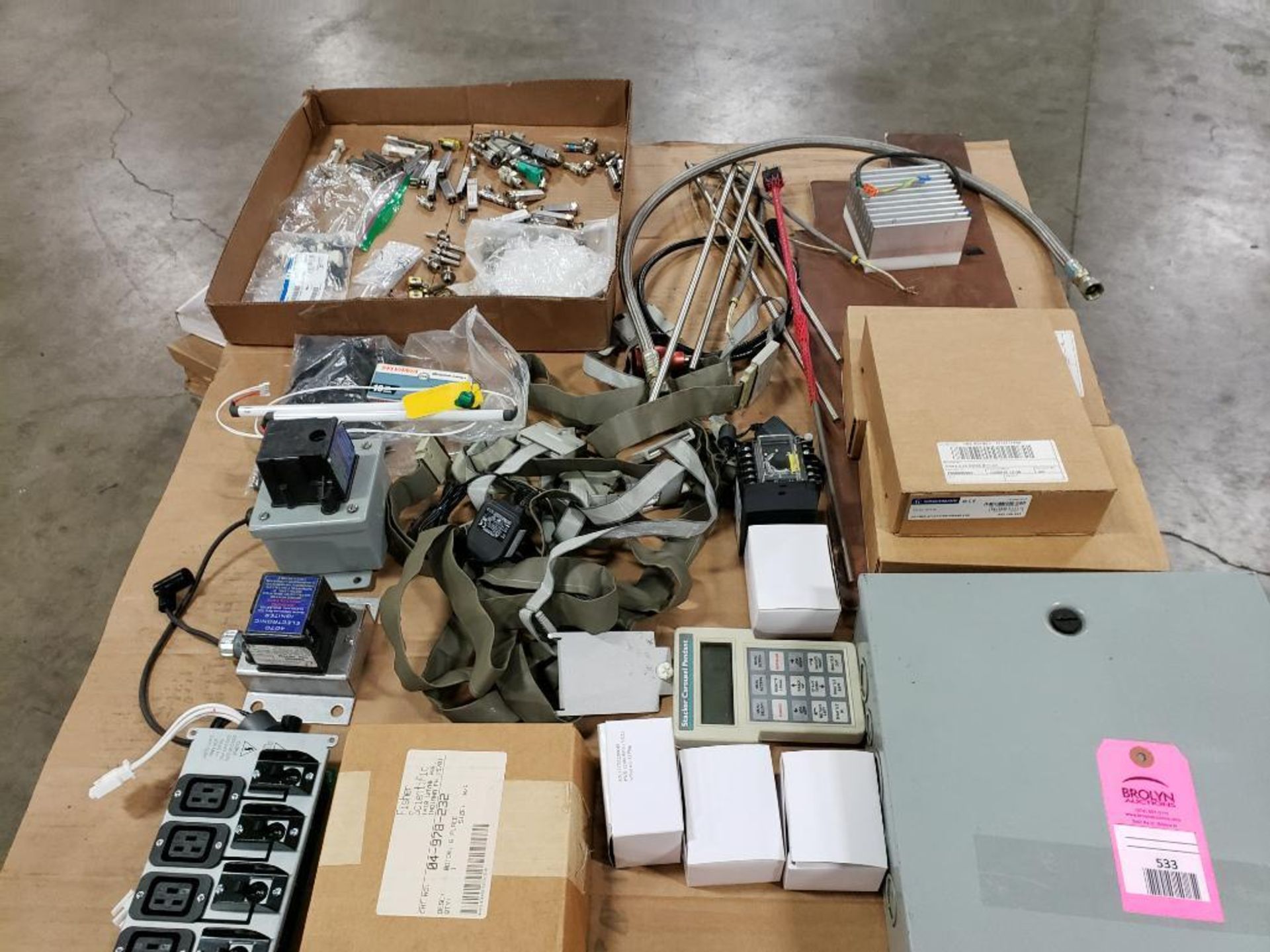 Pallet of assorted electrical sensors, transformers, controller.