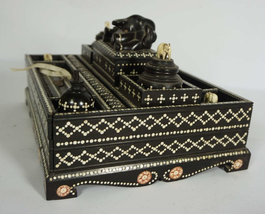 A fine Anglo Ceylonese ebony and bone dot writing stand, mid 19th century, possibly Matara, of - Image 6 of 7