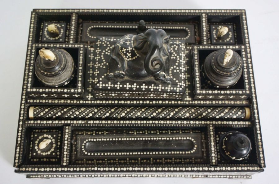 A fine Anglo Ceylonese ebony and bone dot writing stand, mid 19th century, possibly Matara, of - Image 5 of 7