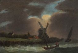 George Morland, British (1762-1804), Coastal View with Fisher Folk and Distant Windmill,  oil on