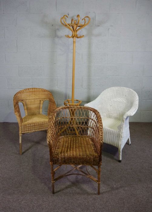 A Wicker and painted tub armchair, two others similar and a modern hatstand (4)