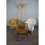 A Wicker and painted tub armchair, two others similar and a modern hatstand (4)