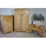 An Art Deco limed oak 3 piece bedroom suite, comprising a double wardrobe, 185cm high, 120cm wide,