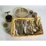 A quantity of silver plate and indian silver, including a small six sided patch box, a compass, a