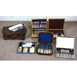 A case set of 12 pairs plated fish eaters; together with assorted other cased flatware and several