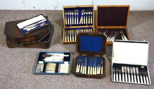 A case set of 12 pairs plated fish eaters; together with assorted other cased flatware and several