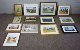 An assortment of decorative pictures, including a view of Loch Ainort, Skye, by Muriel Young;