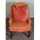 A Victorian spoon backed bedroom chair, with button upholstered back and turned front legs with
