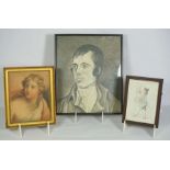 An assortment of pictures and prints, including a portrait of Robert Burns, a small crayon sketch of
