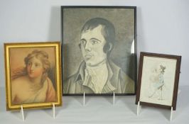 An assortment of pictures and prints, including a portrait of Robert Burns, a small crayon sketch of