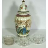 A porcelain baluster vase and cover, Famille Verte style, modern; together with three glass slop