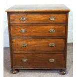 A small mahogany chest of drawers, 19th century, with four long drawers, on compressed bun feet,