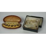 A quantity of assorted finely decorated mother of pearl counters, cased, and set of Gentleman