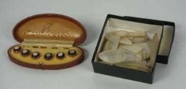 A quantity of assorted finely decorated mother of pearl counters, cased, and set of Gentleman