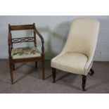 A Victorian spoon backed bedroom chair, together with a Regency mahogany armchair, with tapered legs