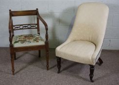 A Victorian spoon backed bedroom chair, together with a Regency mahogany armchair, with tapered legs