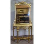 An 18th century style gilt wood framed console table and integral mirror, 20th century reproduction,