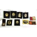 Ten assorted miniature portraits, including an early photograph of a military groom holding a horse,