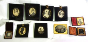 Ten assorted miniature portraits, including an early photograph of a military groom holding a horse,