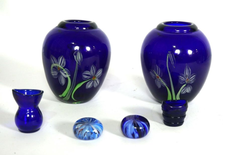 An assortment of coloured glass ware, including a Mdina globular blue glass vase, a pair of blue - Image 2 of 9