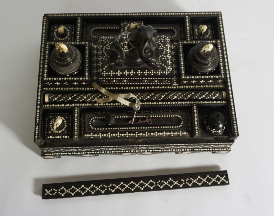 A fine Anglo Ceylonese ebony and bone dot writing stand, mid 19th century, possibly Matara, of - Image 2 of 7
