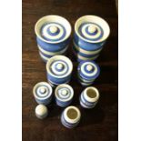 Nine assorted pieces of Cornish ware including two large canisters, made by TG Green & Co.