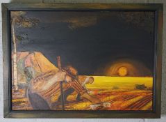 Norman Lamputt, Scottish 20th century, “Burning straw after Harvest”, acrylic, signed, 41cmx59cm;