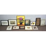 An assorted collection of prints and works of art, including a sampler, signed Jane Gray, 1817; a