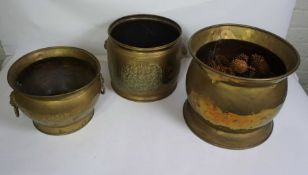 Three brass coal scuttle, including two with lion’s head masks (3)