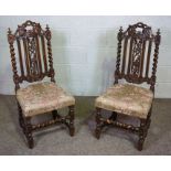 A pair of Jacobean style oak framed side chairs, early 20th century, with twist column supports