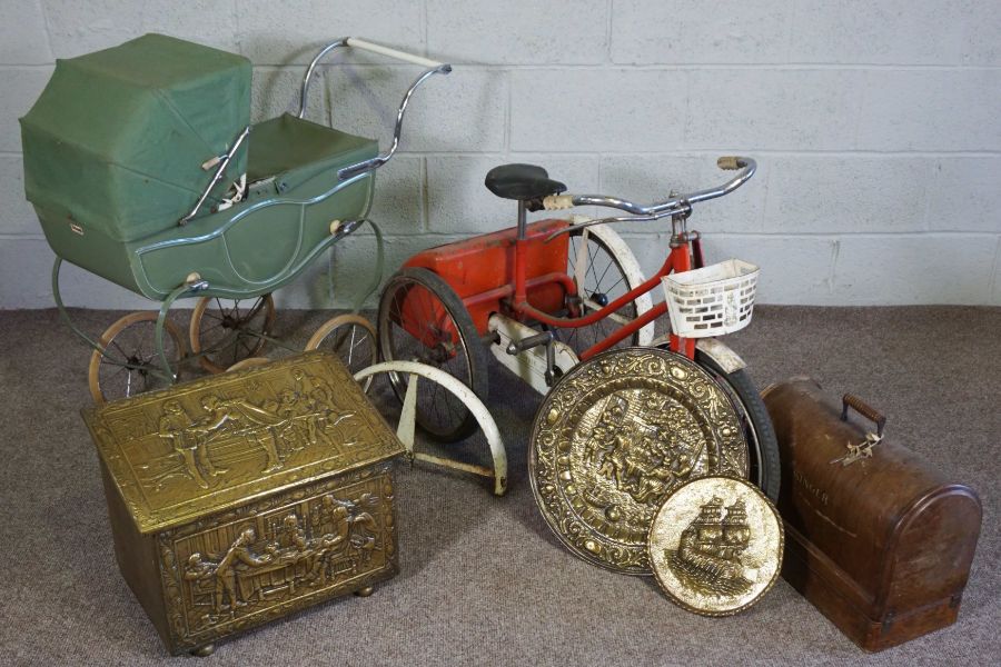 A vintage child’s tricycle with boot, 1950’s, together with a child’s’ play pram, a brassware - Image 2 of 4
