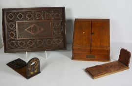 A Victorian desktop stationary box, with folding sloped and internal compartments; together with a