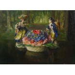 Catherine M Wood, “Figures and flowers”, oil on board, signed circa 1932, 23x31cm; together with