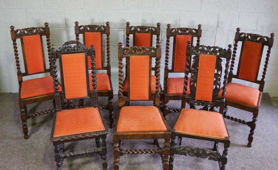 A set of eight Jacobean style oak framed dining chairs, circa 1900, each with a carved crest rail, - Image 2 of 5