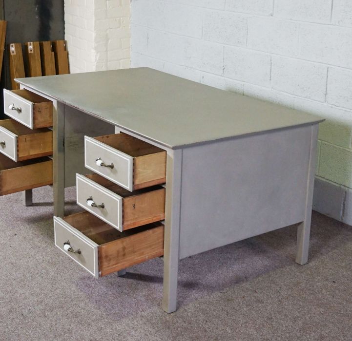 A modern writing desk, 20th century, with grey painted surface, the rectangular top over a six short - Image 3 of 3