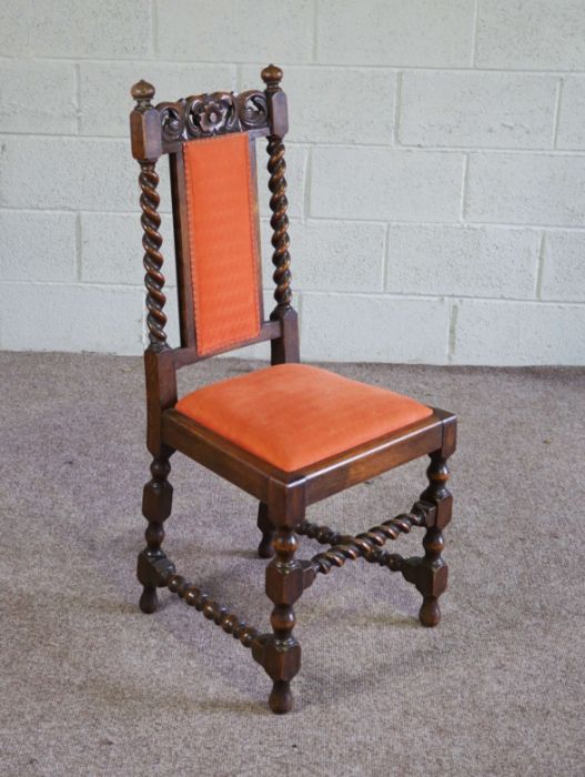 A set of eight Jacobean style oak framed dining chairs, circa 1900, each with a carved crest rail, - Image 5 of 5