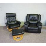 A modern bonded black leather reclining ‘lazy boy’ chair, together with another recliner chair and