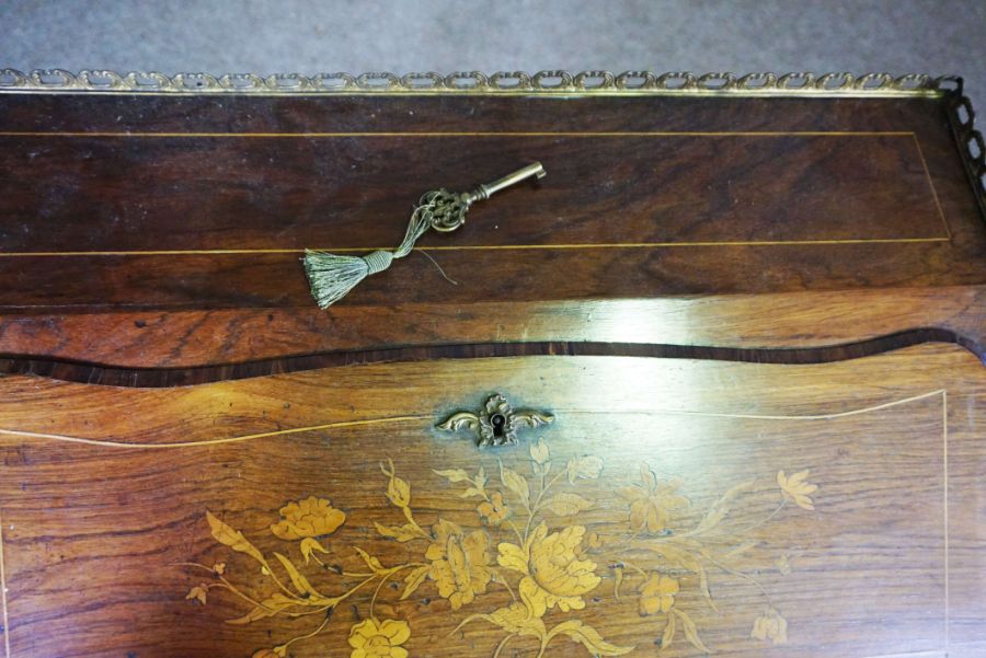 A small walnut and marquetry writing bureau, English, late 19th century, with a three quarter - Image 3 of 6