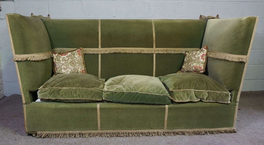 A large traditional Knole Sofa, early 20th century, with high back and sides, tasselled trim, - Image 4 of 7