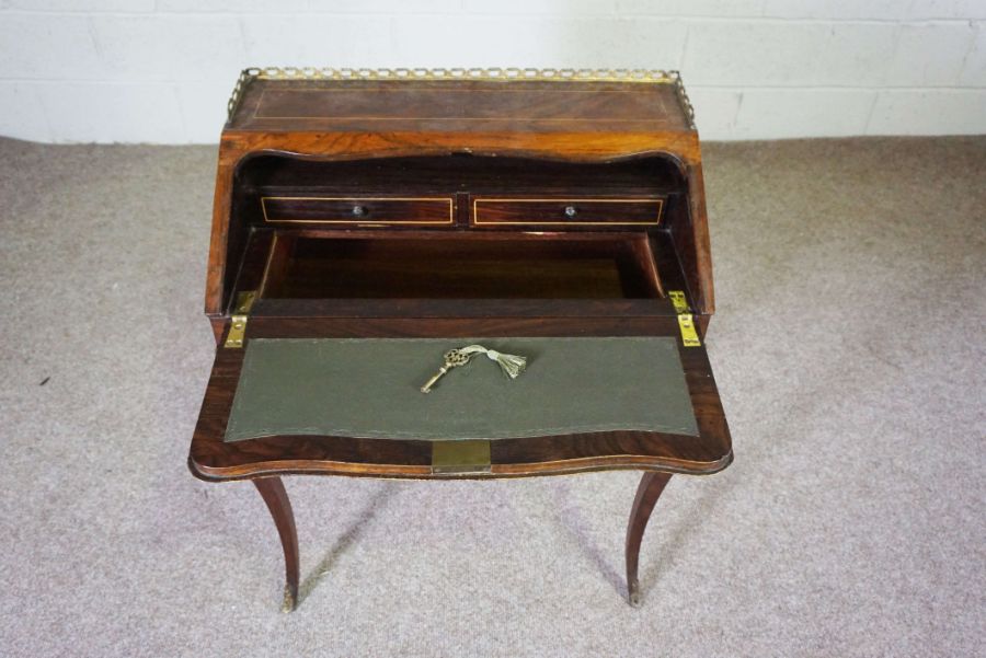 A small walnut and marquetry writing bureau, English, late 19th century, with a three quarter - Image 4 of 6