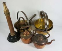 Assorted copper and brass ware, including a fire hose terminal (mounted), two kettles, and
