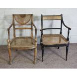 A George III oak and caned bergere armchair, circa 1800, with a scrolled over back, slender arms and