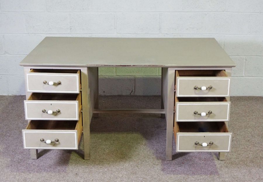 A modern writing desk, 20th century, with grey painted surface, the rectangular top over a six short - Image 2 of 3