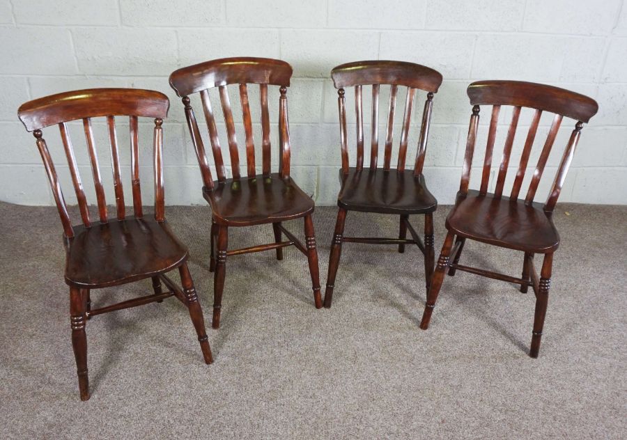 Four provincial ash framed kitchen chairs, 19th century, with bow crest rail, stick backs and