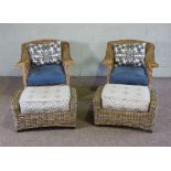 A pair of Colonial style rattan armchairs and matching foot stools, modern, 20th century, real